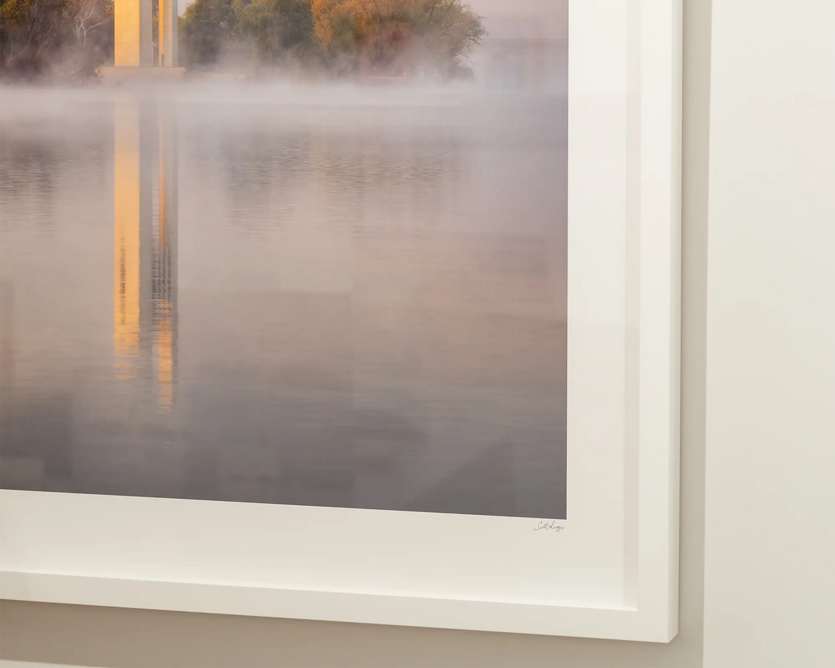 Morning Fog. National Carillon. Canberra wall art in a gallery, up close.