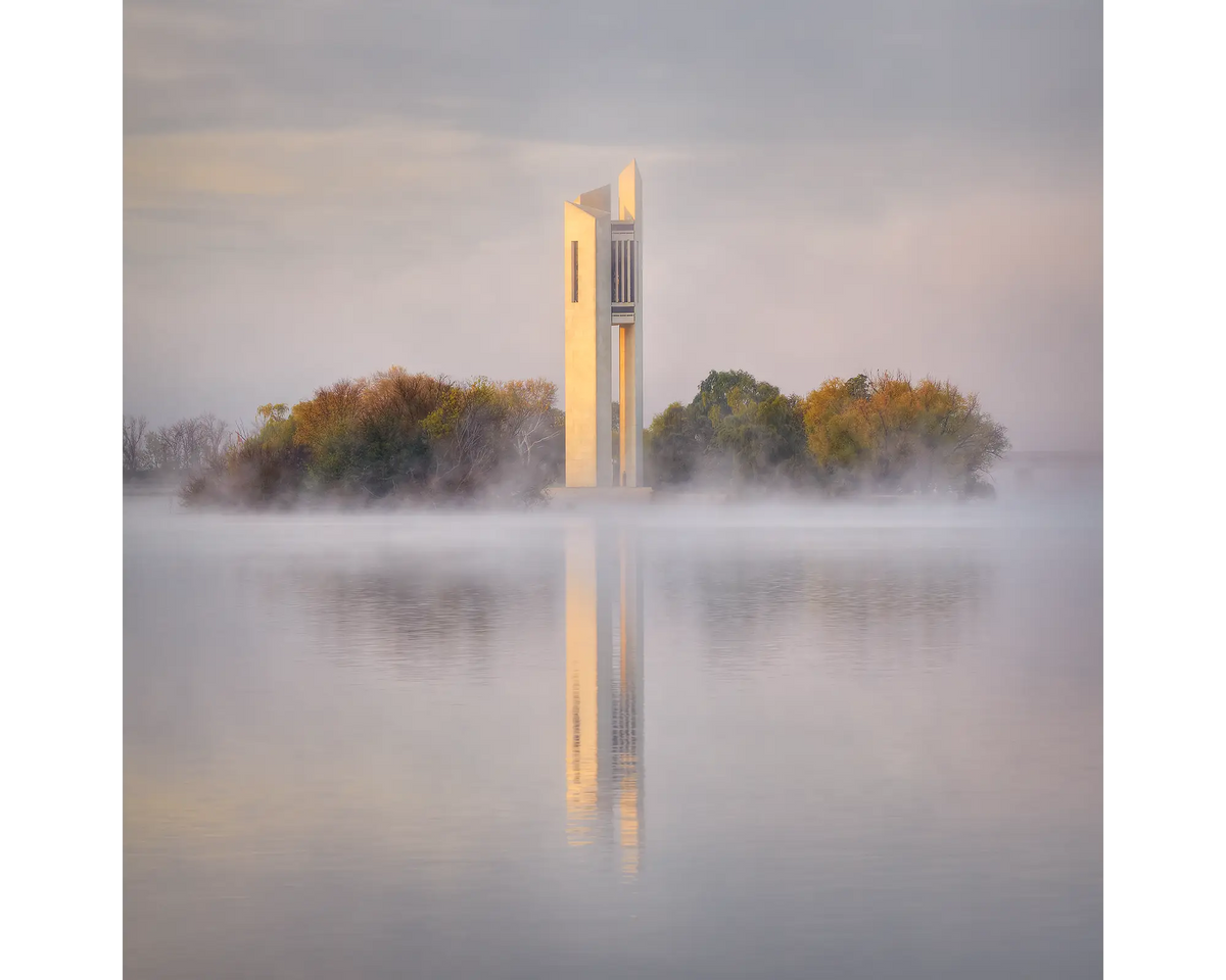 Fog lingering around the National Carillon and Lake Burley Griffin, Canberra, ACT. 