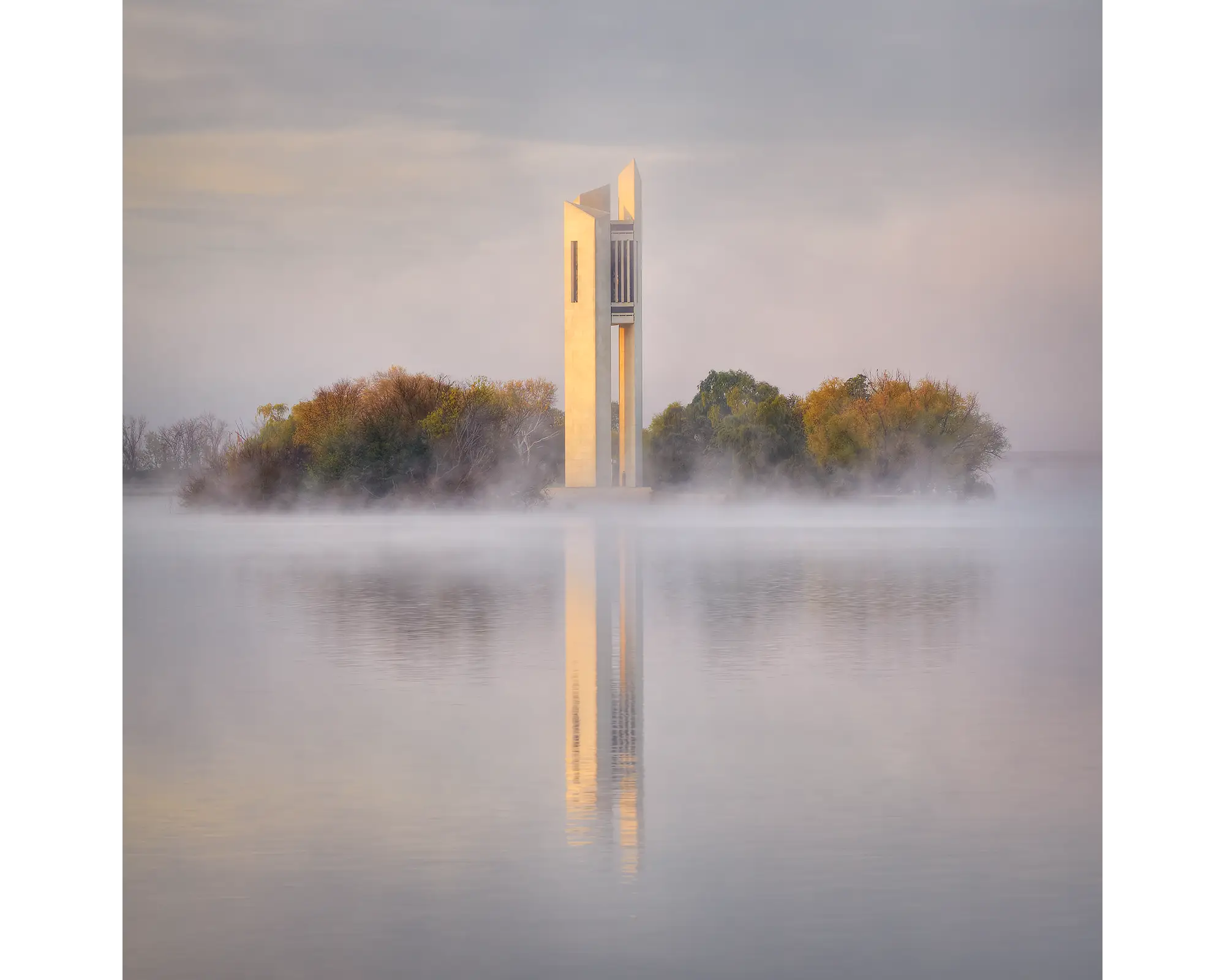 Morning Fog acrylic block - Lake Burley Griffin and the National Carillon artwork. 