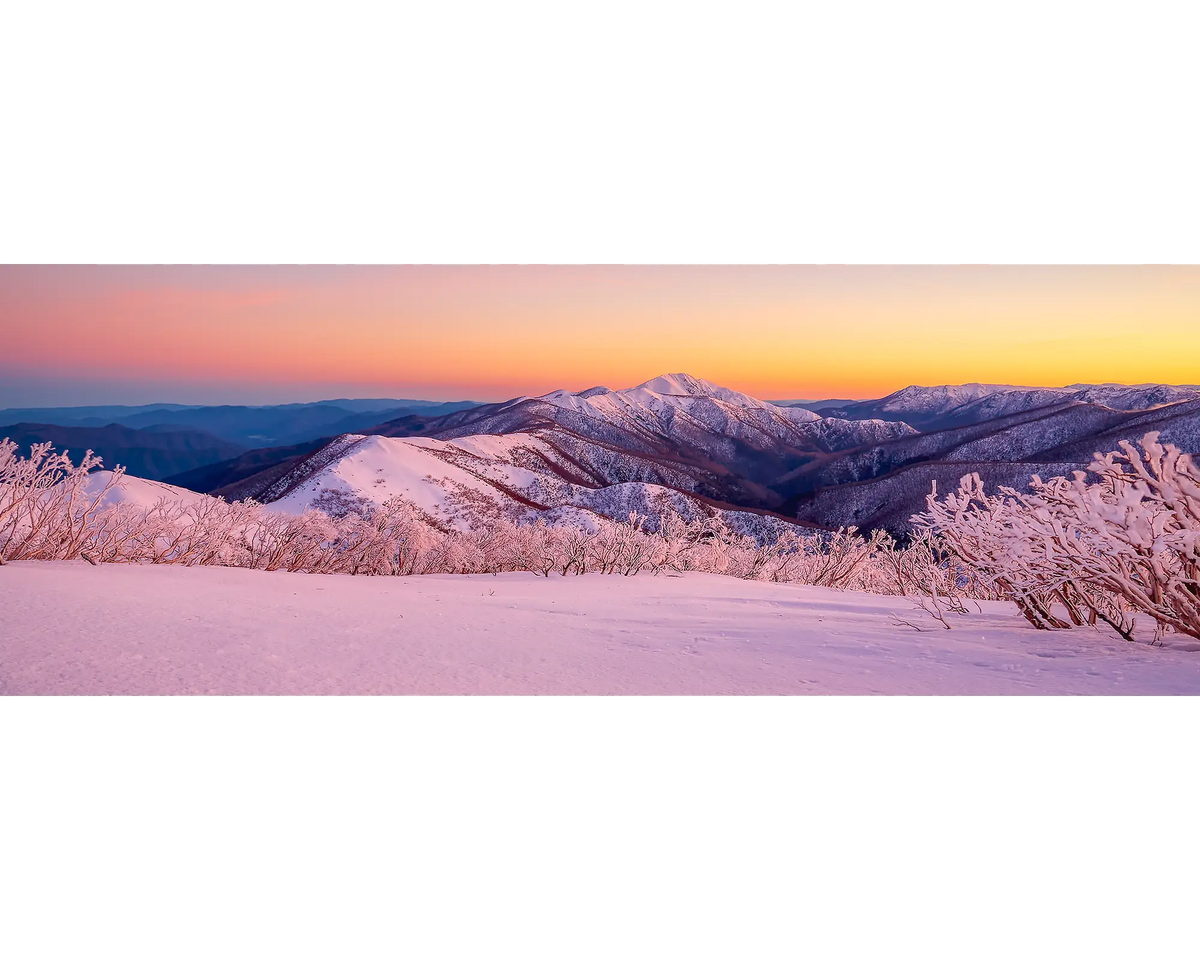 Sunrise over snow covered Mount Feathertop, Alpine National Park, Victoria. 