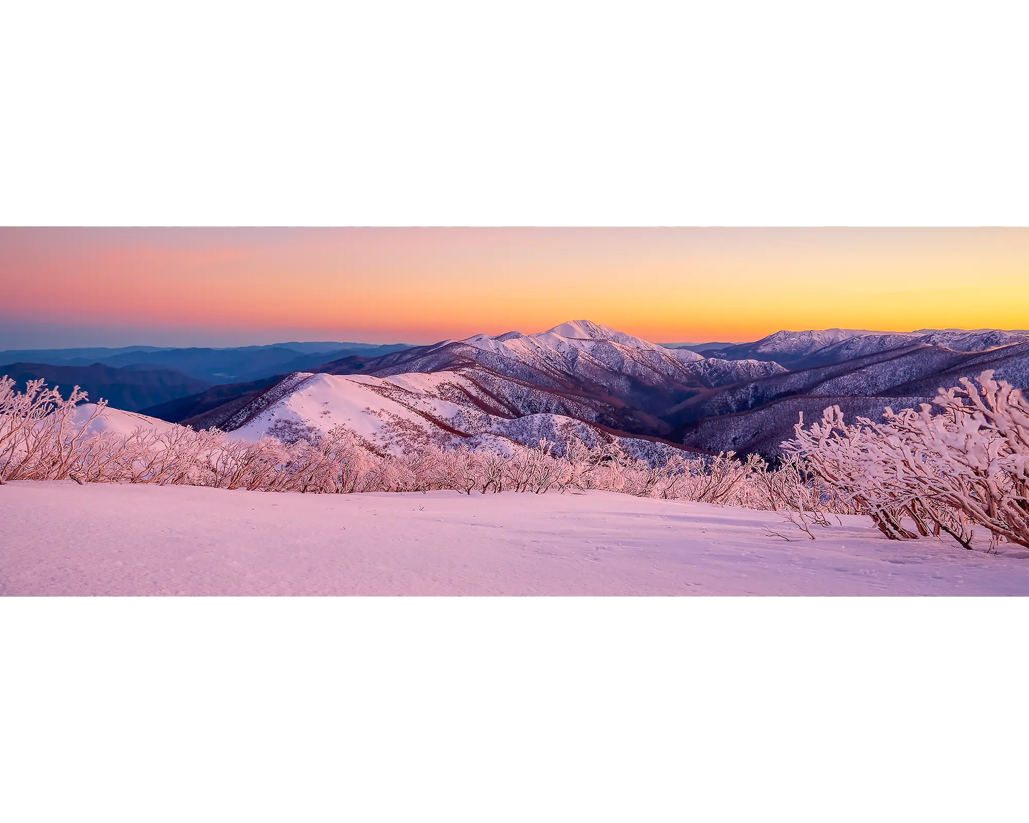 Sunrise over snow covered Mount Feathertop, Alpine National Park, Victoria. 