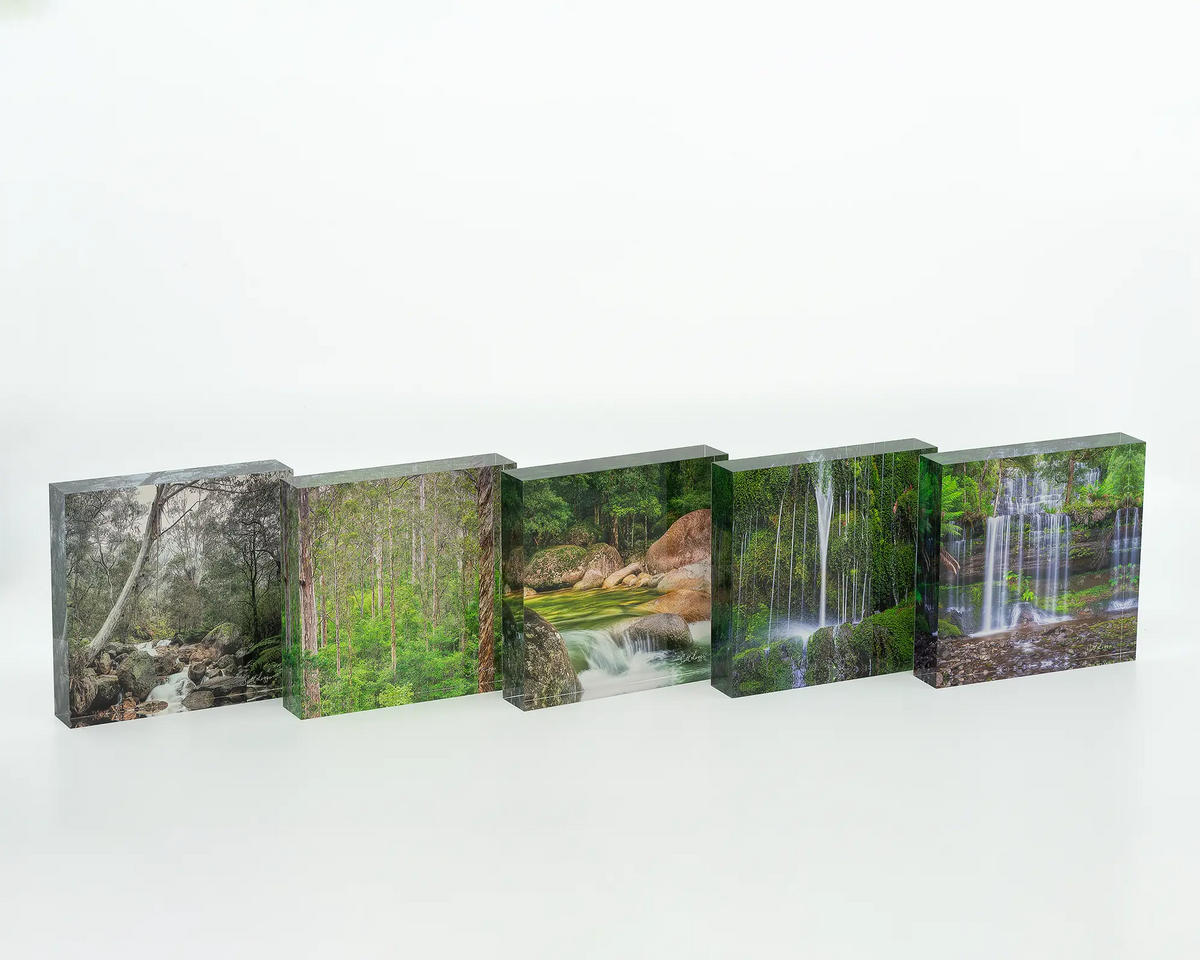 Mountain Flow acrylic block displayed with other green themed acrylic blocks. 