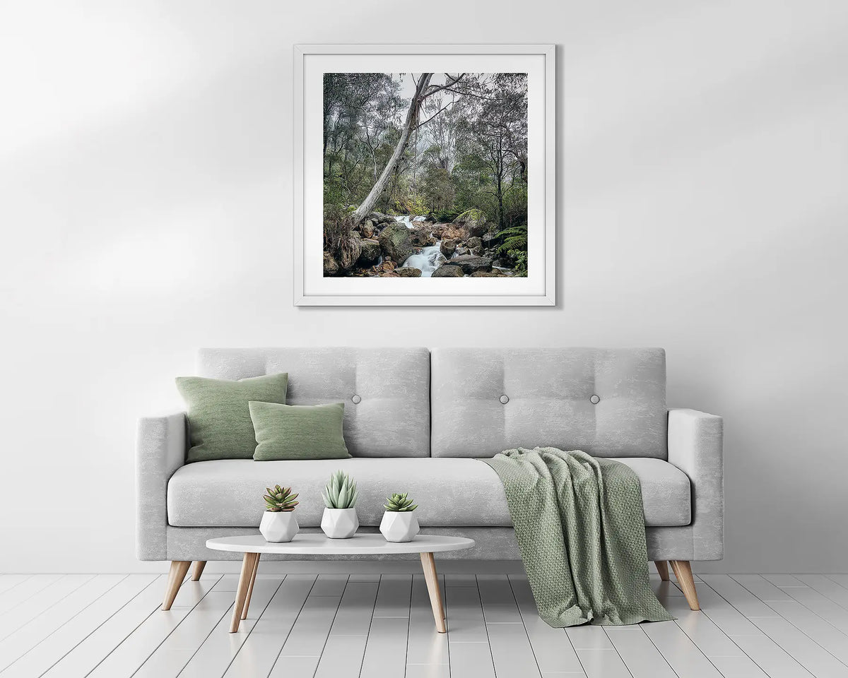 Mountain Flow. Gum tree wall art above a couch. 