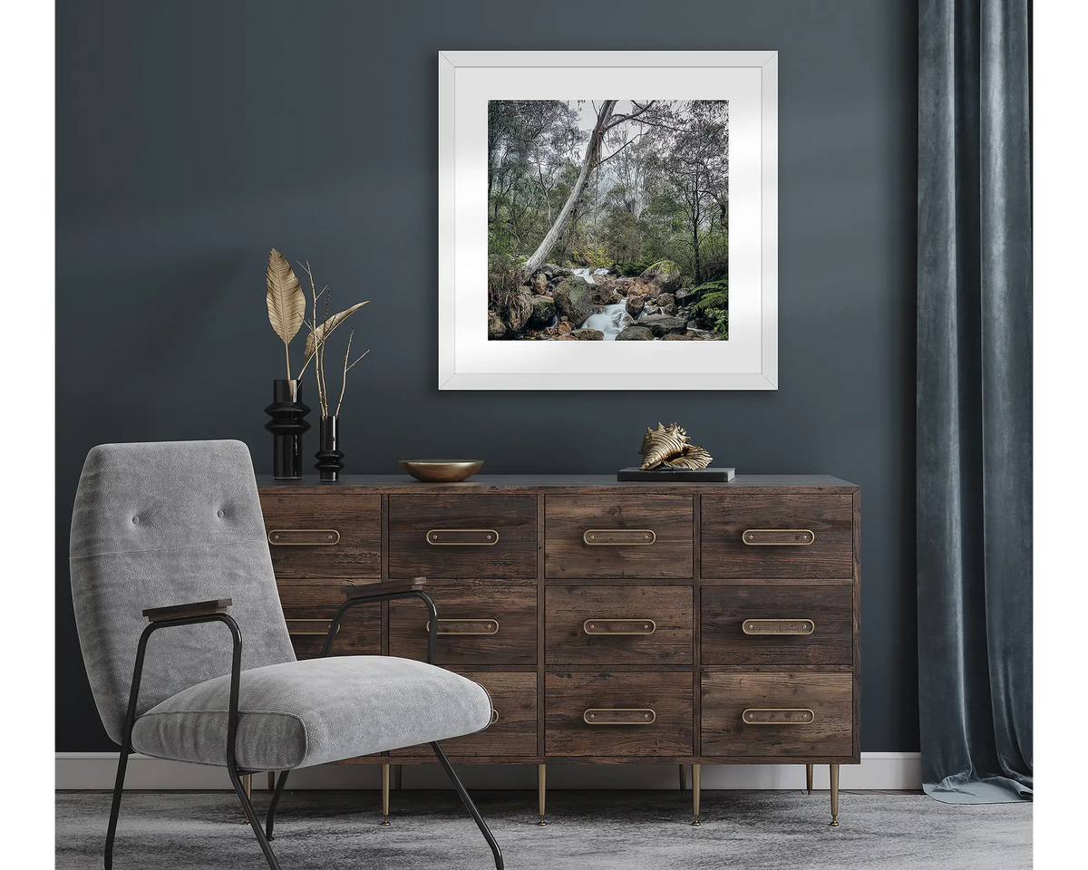 Mountain Flow wall art print, hanging on a study wall.