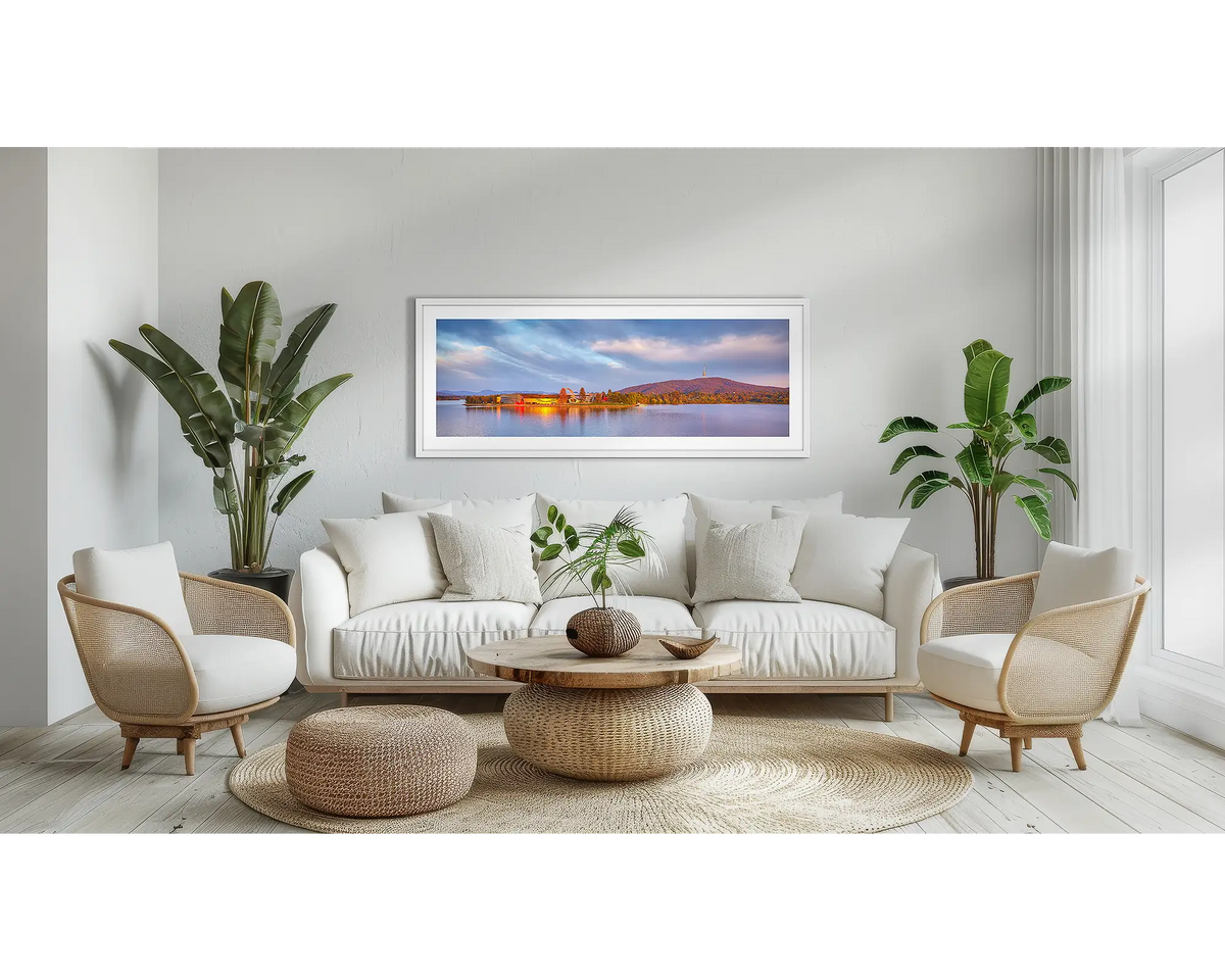 Museum Morning. Canberra wall art print with a white frame, above a couch. 