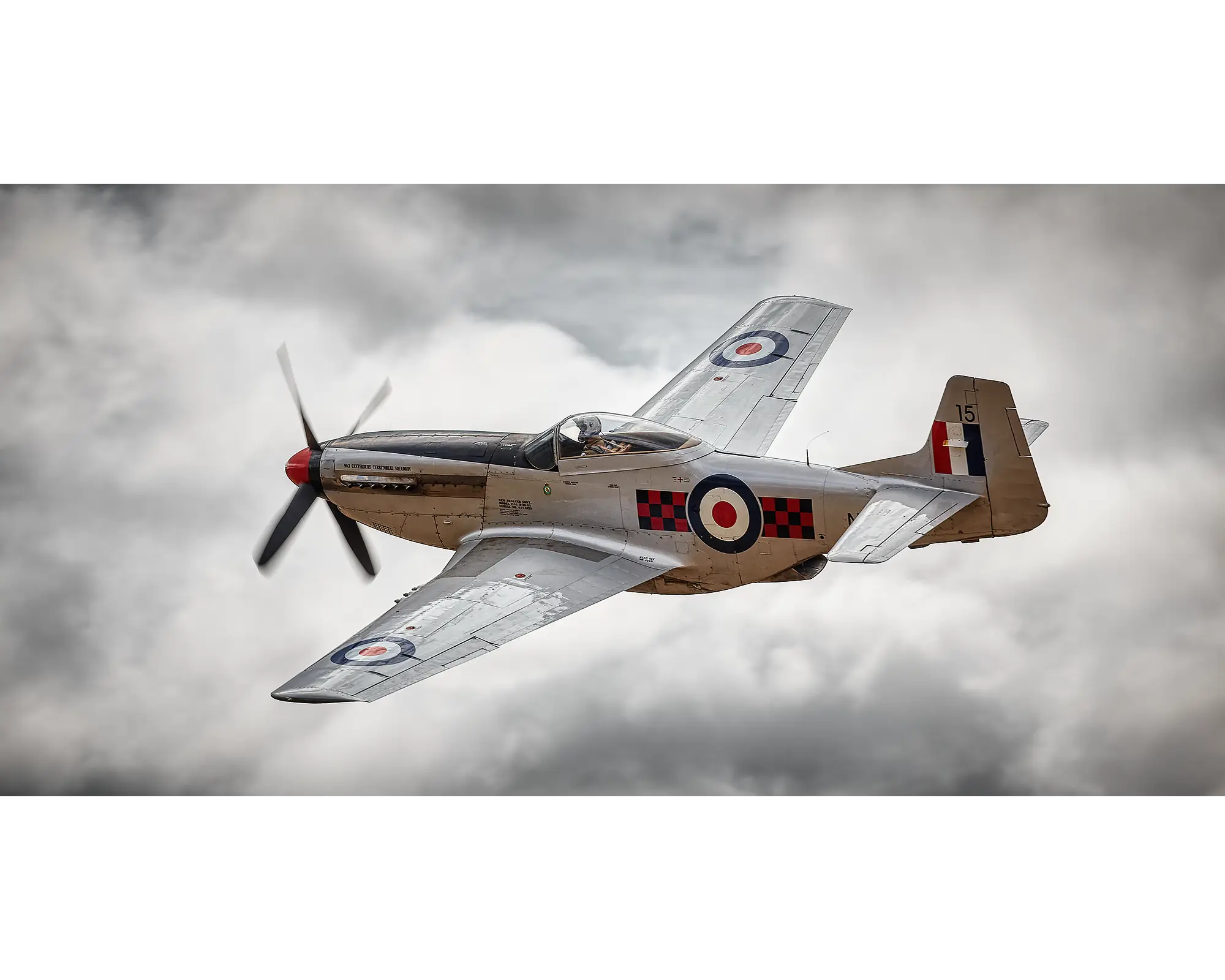 Mustang acrylic block - P-51 Mustang painted in Royal New Zealand Air Force colours flying through clouds. 