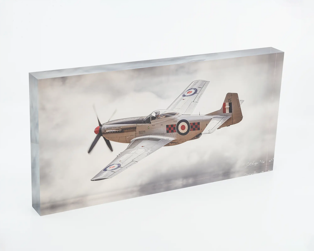 Mustang acrylic block - P-51 Mustang painted in Royal New Zealand Air Force colours flying through clouds. 