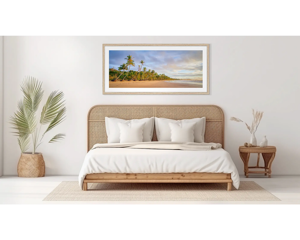 Ocean Breeze. Mission beach wall art, in an oak frame, in a bedroom. 