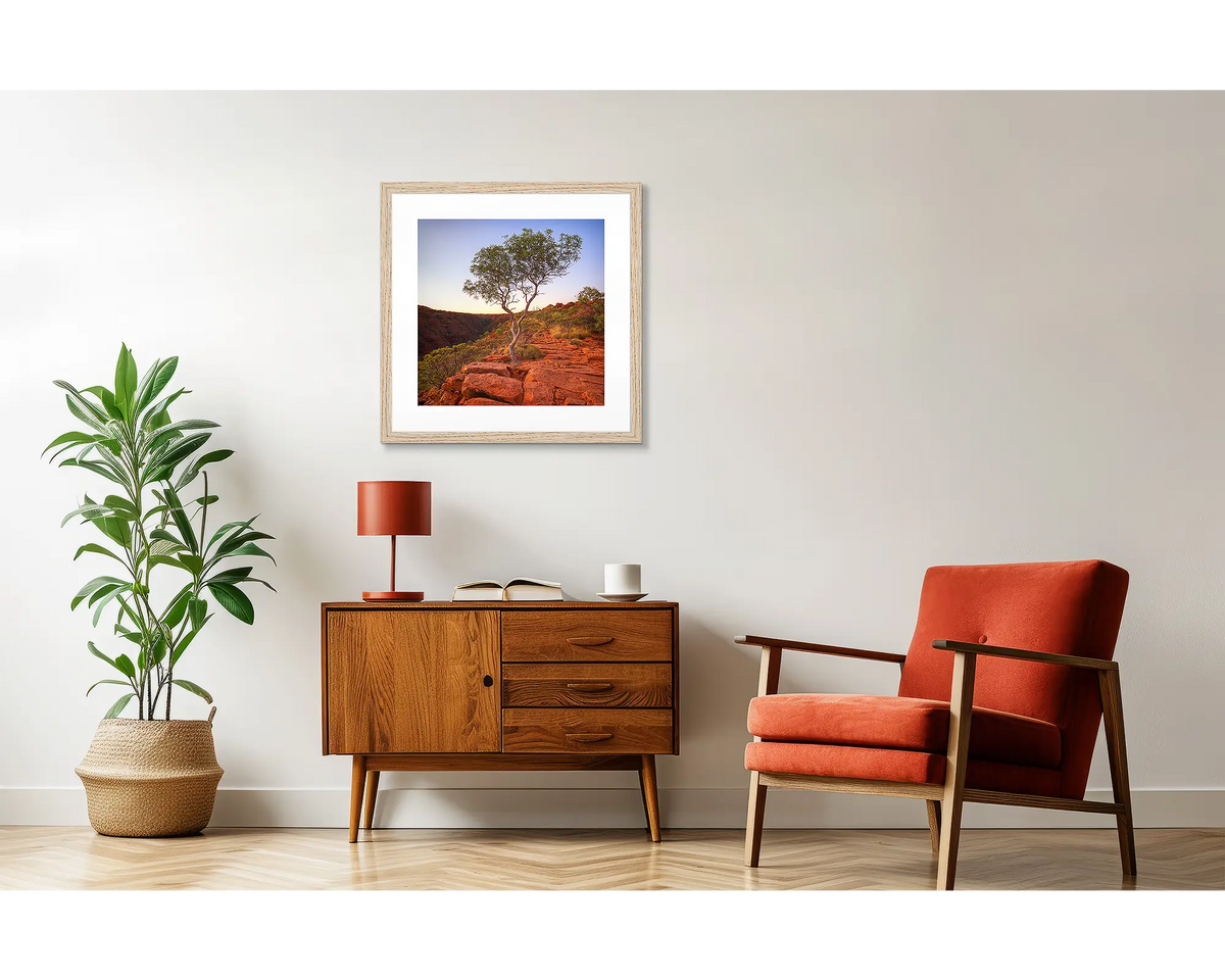 On The Edge. Outback artwork in a Tasmanian oak frame, in a retro styled interior.