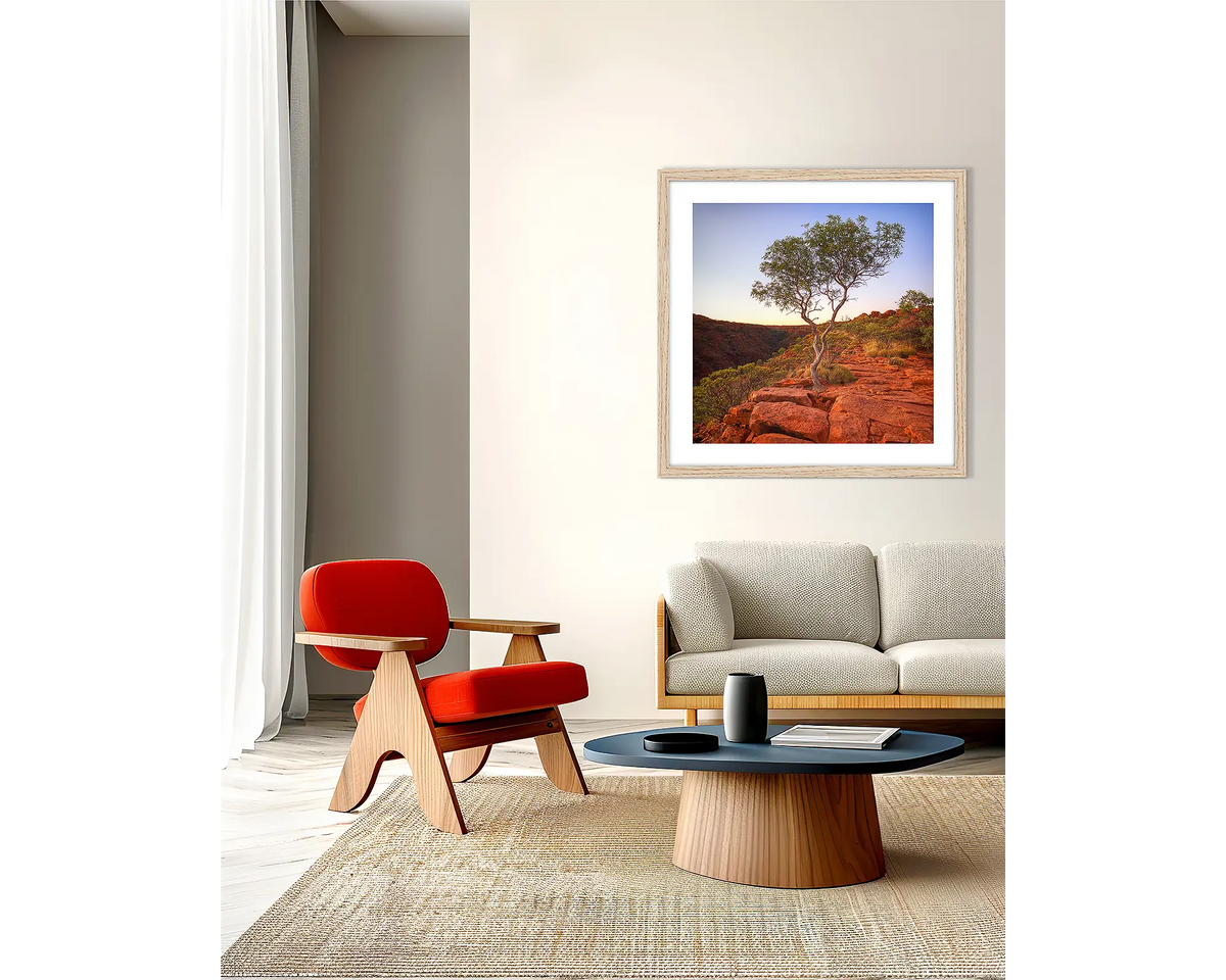 On the Edge. Outback wall art print, with a wood frame, on a lounge room wall. 