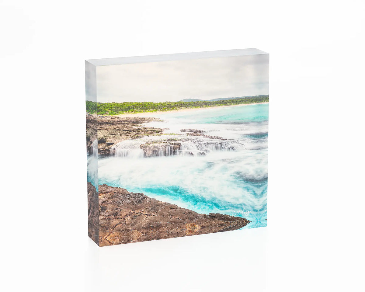 On the Rocks acrylic block - South Durras Beach artwork.