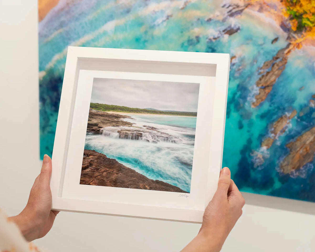 On the Rocks. South Durras Beach, Eurobodalla. Small framed print in a white frame.