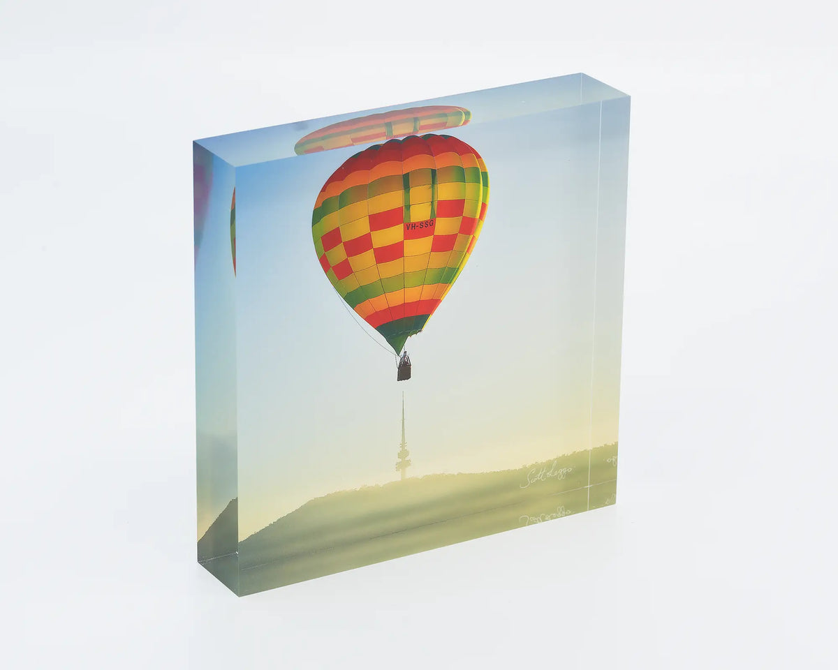 On Top acrylic block - Hot air ballon and Black Mountain Tower artwork.