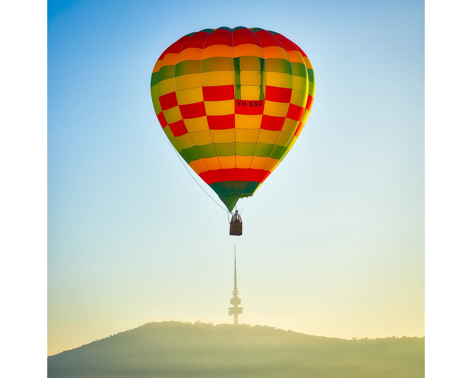 On Top acrylic block - Hot air ballon and Black Mountain Tower artwork.