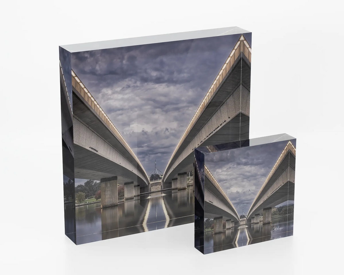 One Direction. Acrylic block of Commonwealth Avenue bridge, Canberra artwork in two sizes.