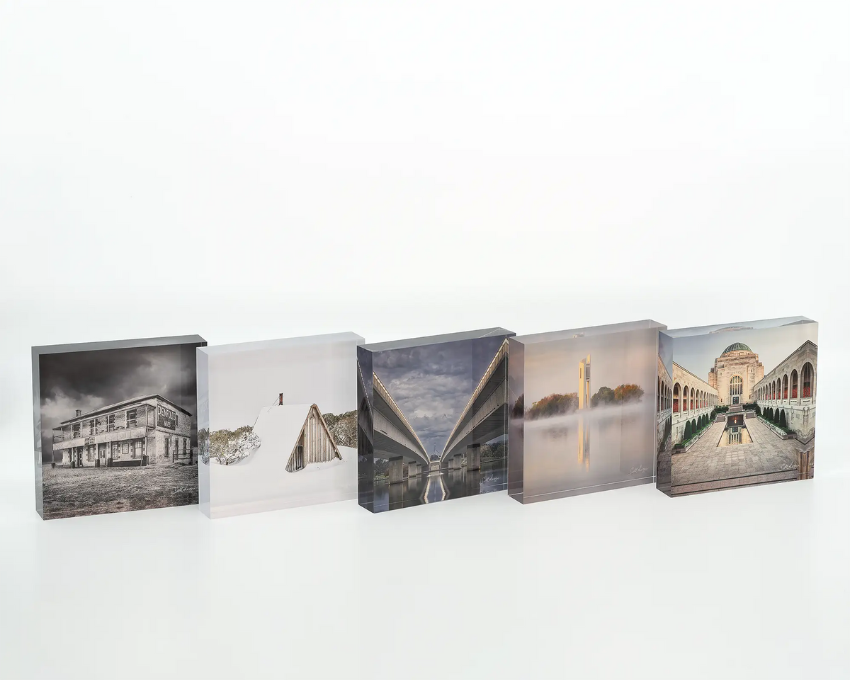 One Direction acrylic block displayed with other architectural themed acrylic blocks. 