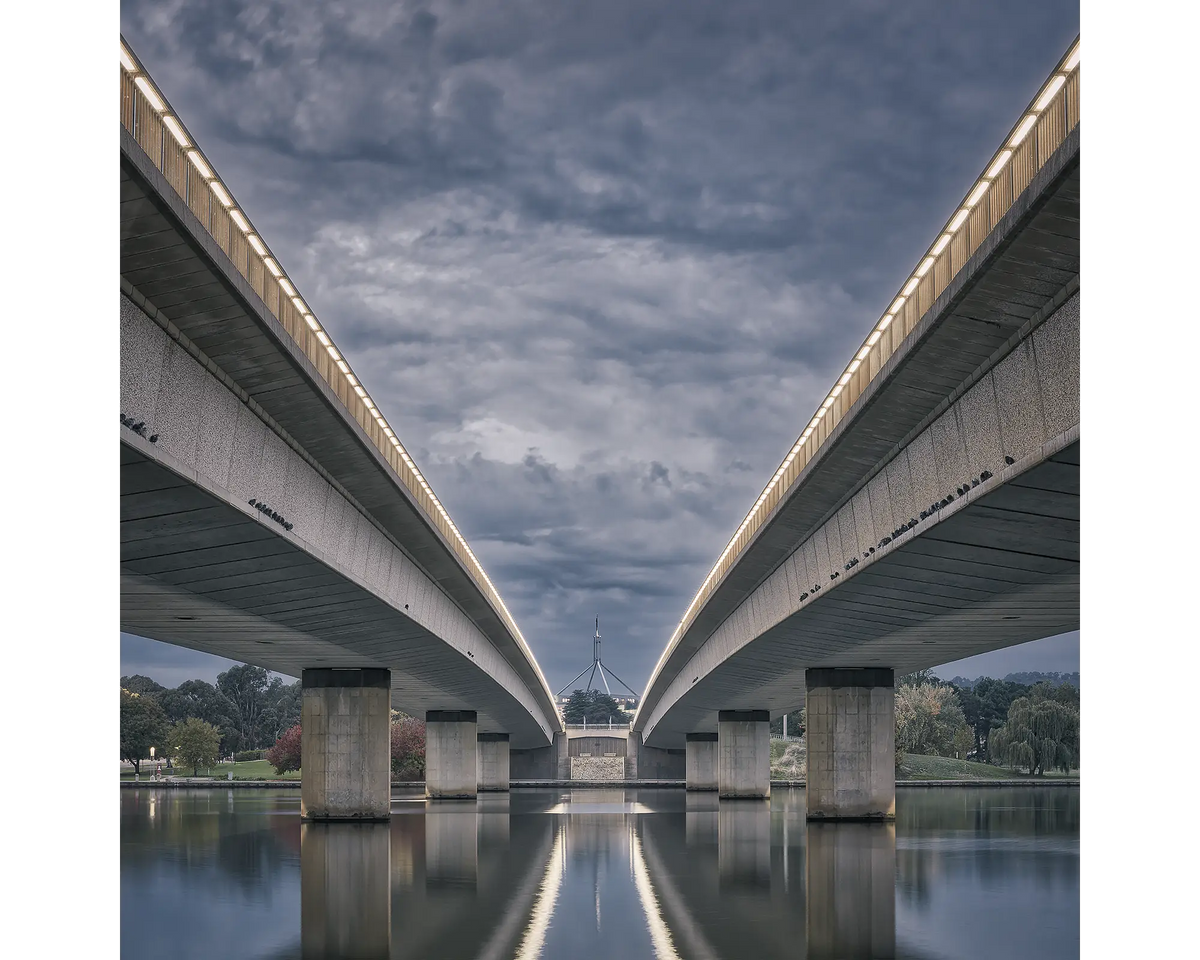 View under Commonwealth Avenue Bridge, looking through to Parliament House, Canberra, ACT. 
