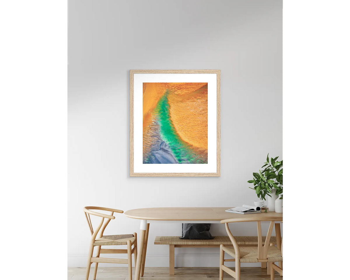 Opal Illusion - abstract artwork with Tasmanian Oak frame, hanging above table.