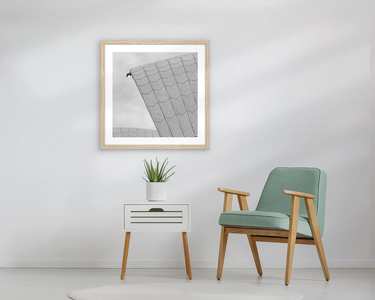 Opera House Shells. Sydney framed wall art print, with a timber frame, in an entry foyer. 