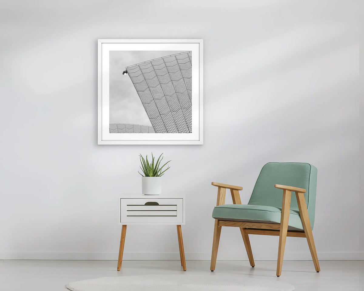 Opera House Shells. Sydney framed wall art print, with a white frame, in an entry foyer. 