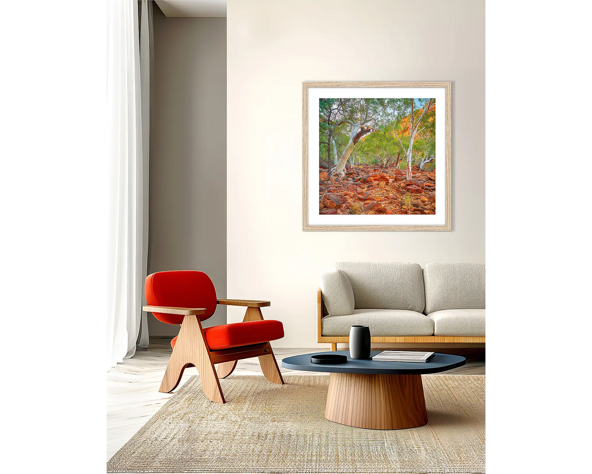 Outback Sanctuary. Kings Canyon, framed wall art print, with a timber frame, on a lounge room wall. 