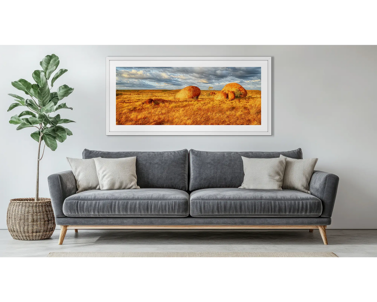 Outcrop. Devils Marbles framed wall art, hanging above a couch. 