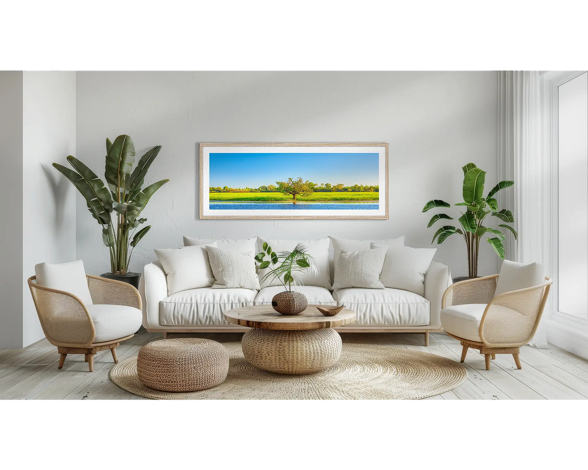 Outlier. Kakadu wall art print, with a Tassie oak frame, above a couch. 