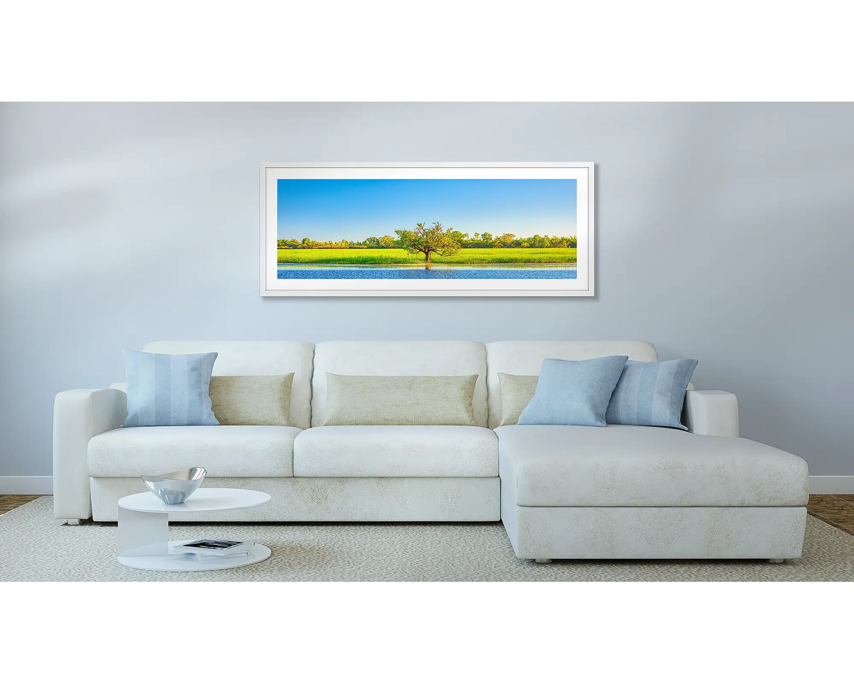 Outlier. Kakadu wall art print, with a white frame, hung above a couch.