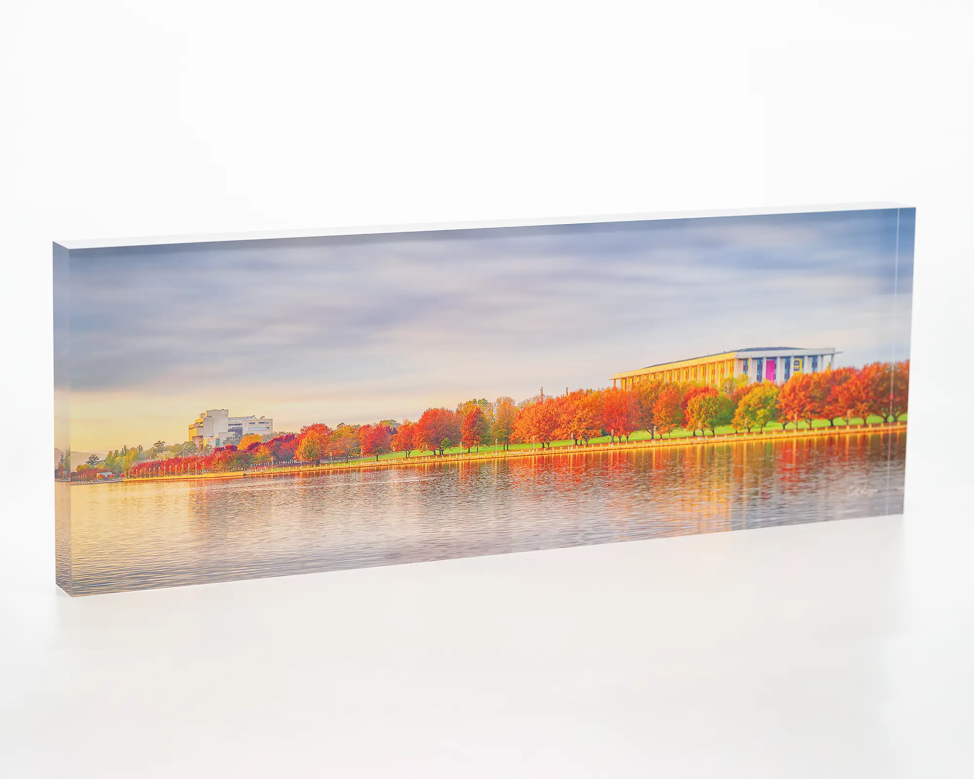 Outlook acrylic block - Lake Burley Griffin, the National Library and High Court of Australia artwork. 