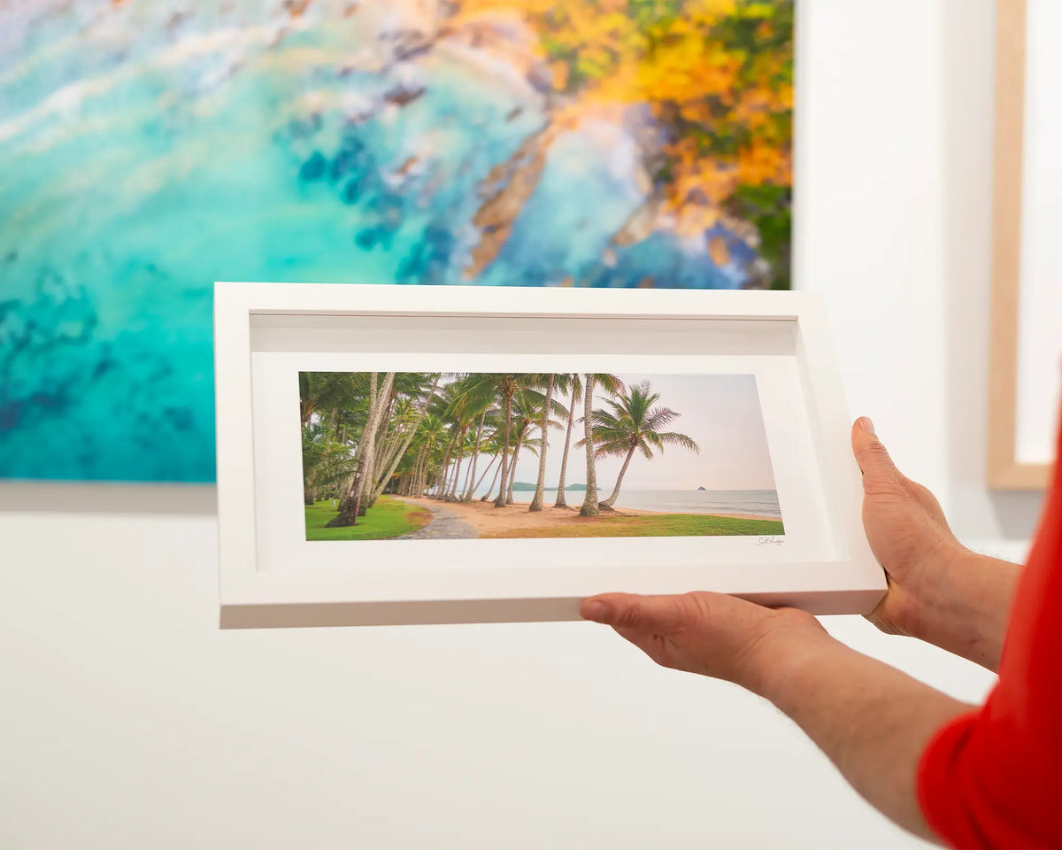 Palm Tree Tunnel. Palm tree small framed print with a white frame.