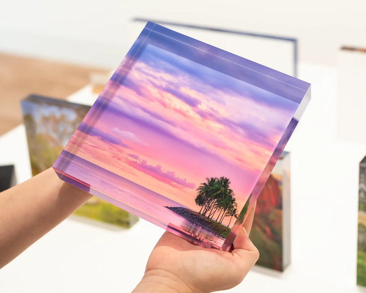 Paradise Palms coastal acrylic block being held. 