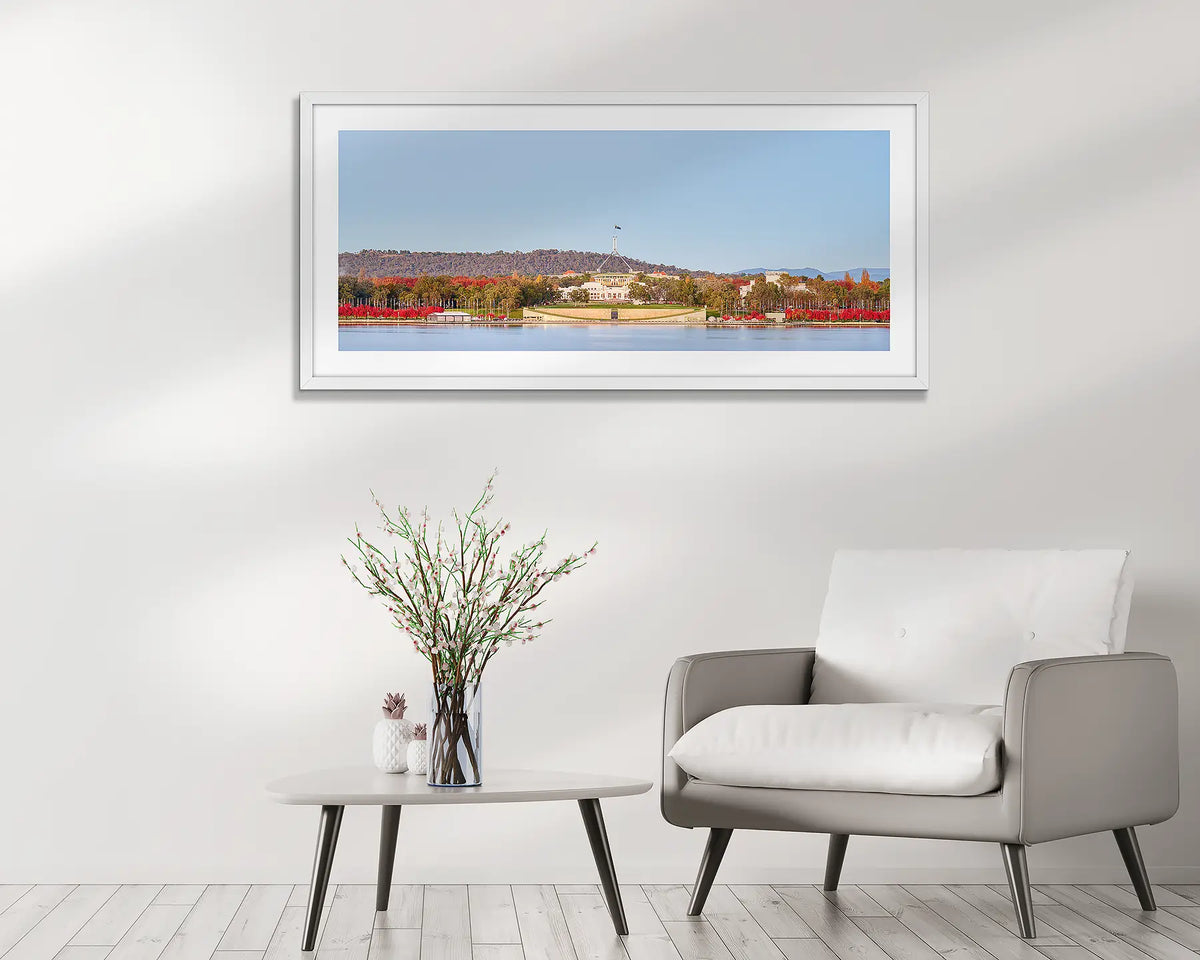 Parliamentary Reds. Canberra framed wall art hanging above a coffee table. 