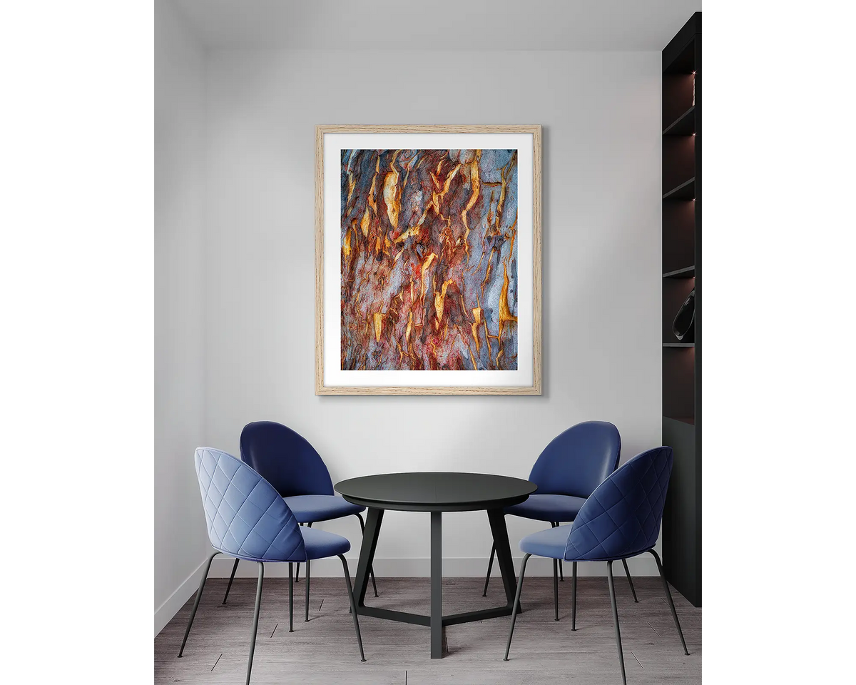 Peeling. Gum tree bark abstract wall art print, with a timber frame, in an office meeting room. 