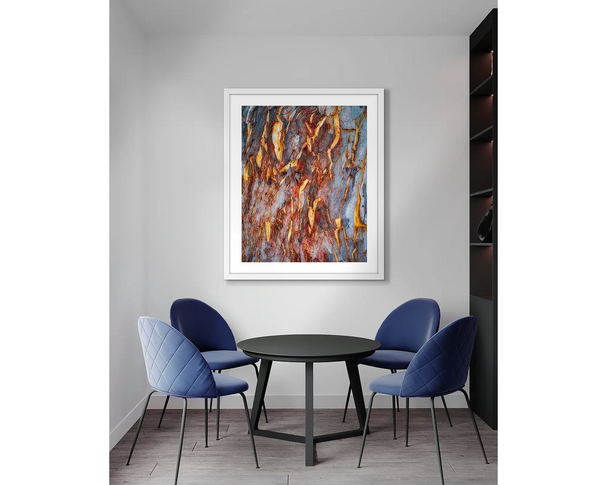 Peeling. Gum tree bark abstract wall art print, with a white frame, in an office meeting room. 