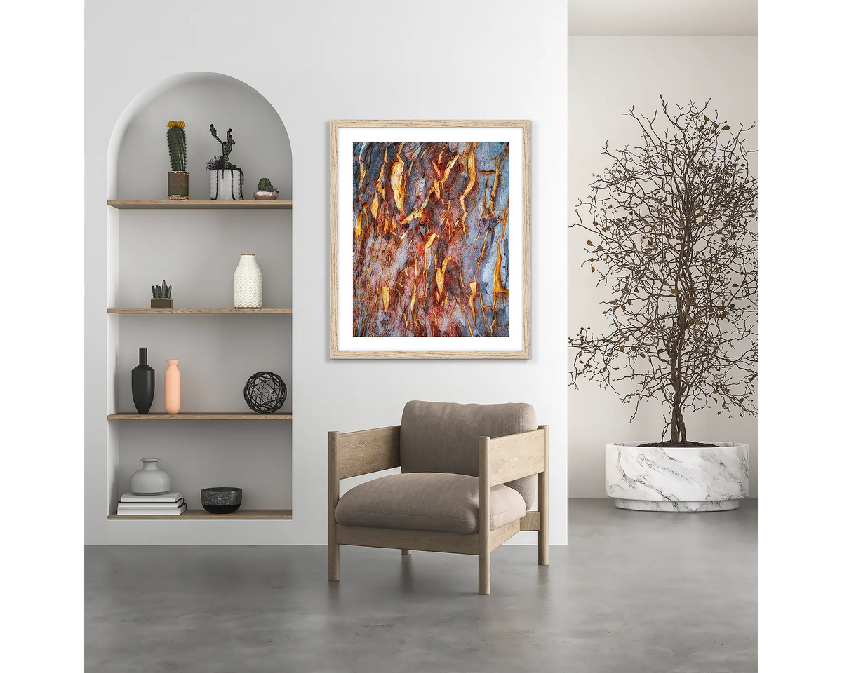 Peeling. Gum tree bark wall art print, with a wood frame, hung above a chair.