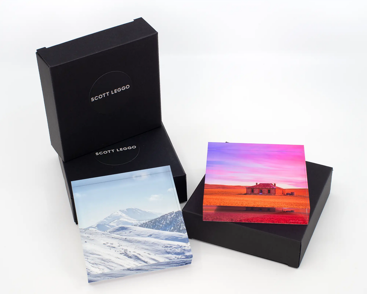 Pioneer acrylic block displayed with its packaging and other acrylic blocks. 