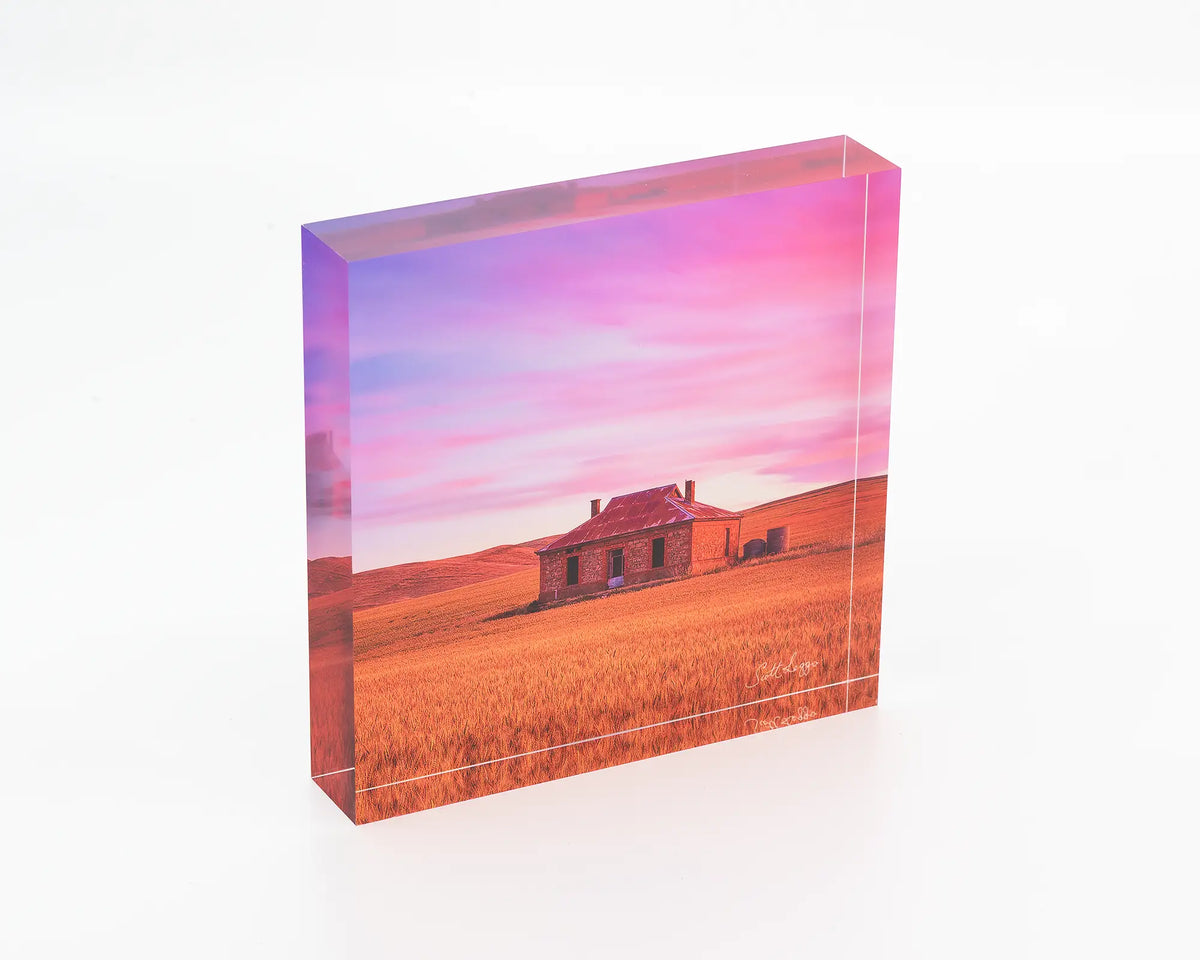 Pioneer acrylic block - old Burra homestead artwork. 