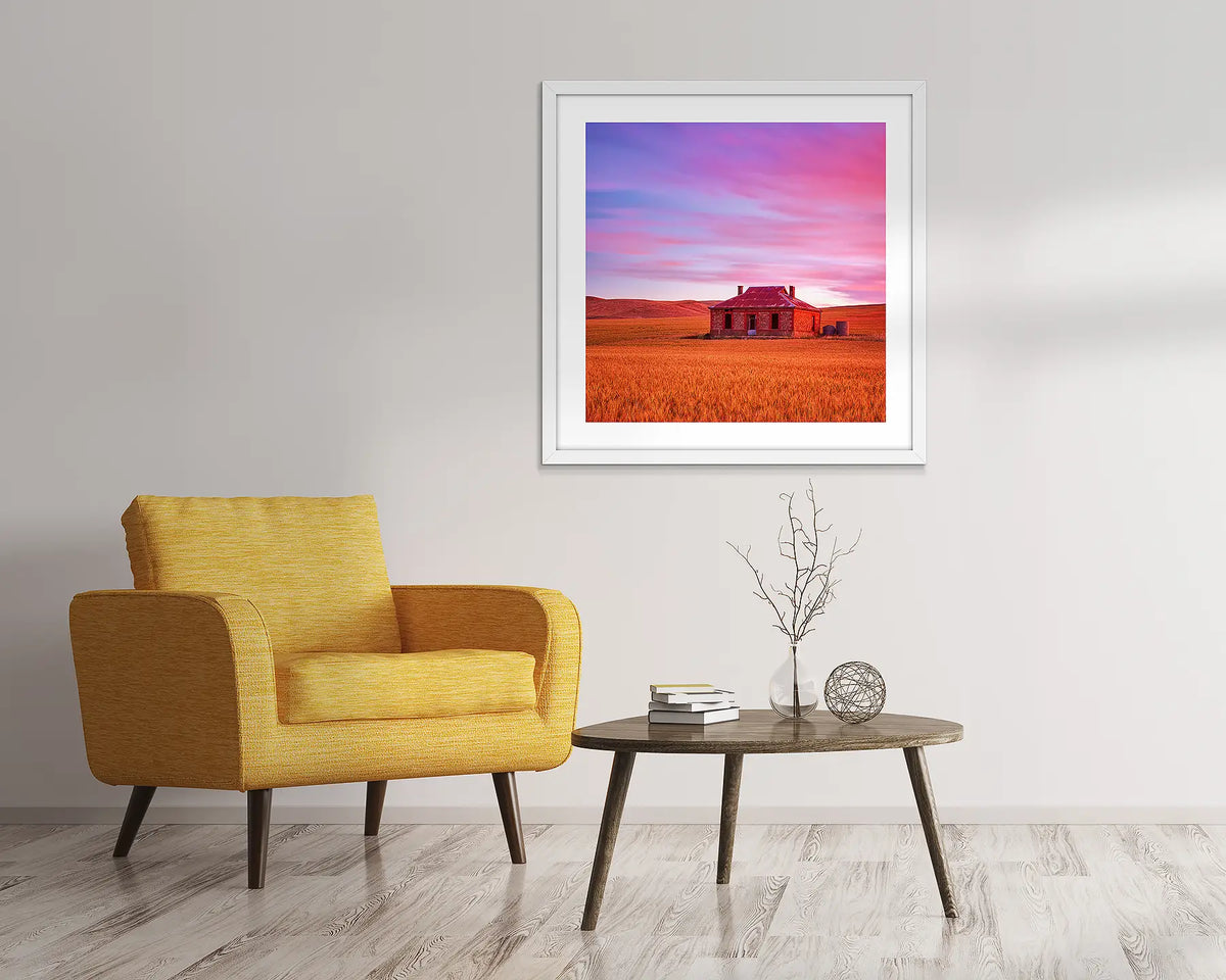 Pioneer. Outback farm wall art in a white frame. 