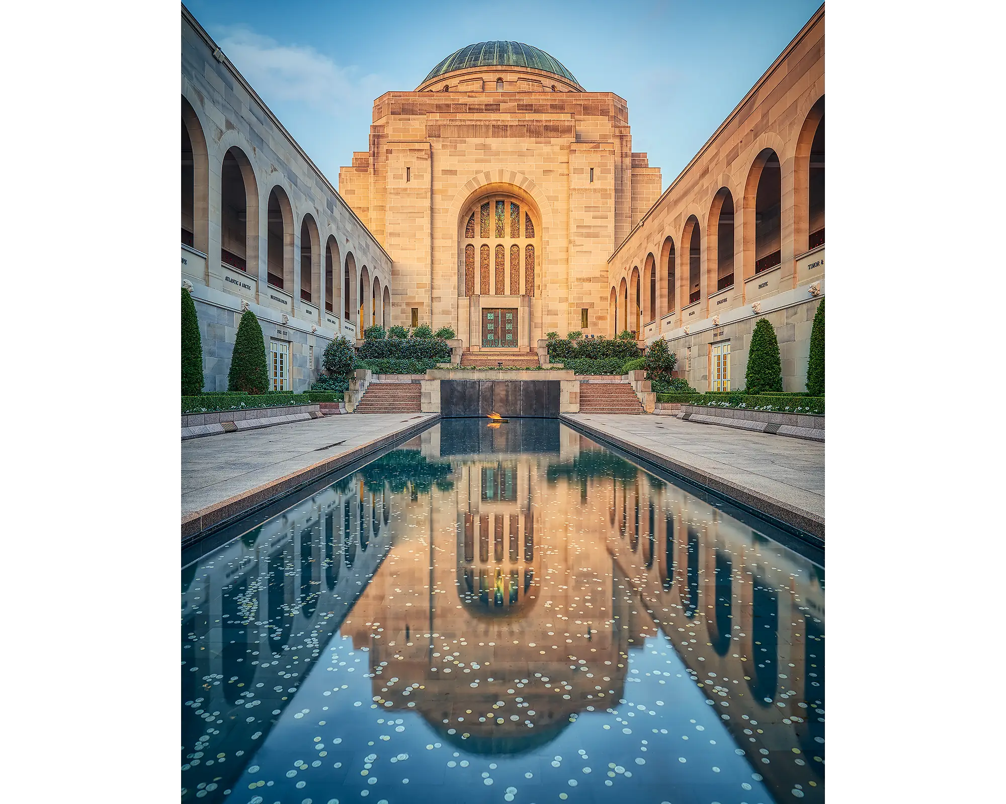 Pool of Reflection. Acrylic block of the Australian War Memorial at sunset. Canberra artwork.