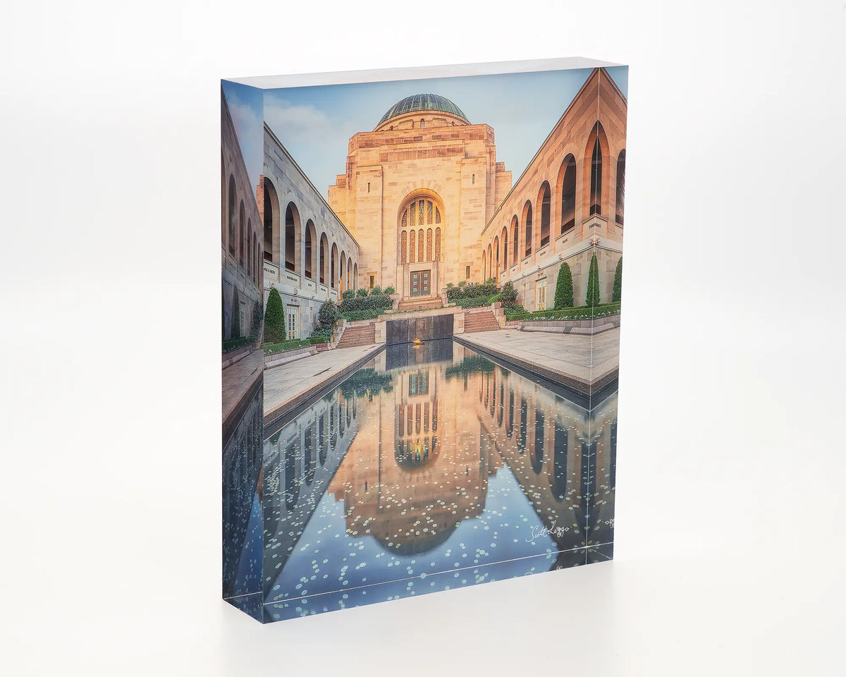 Pool of Reflection. Acrylic block of the Australian War Memorial at sunset. Canberra artwork.