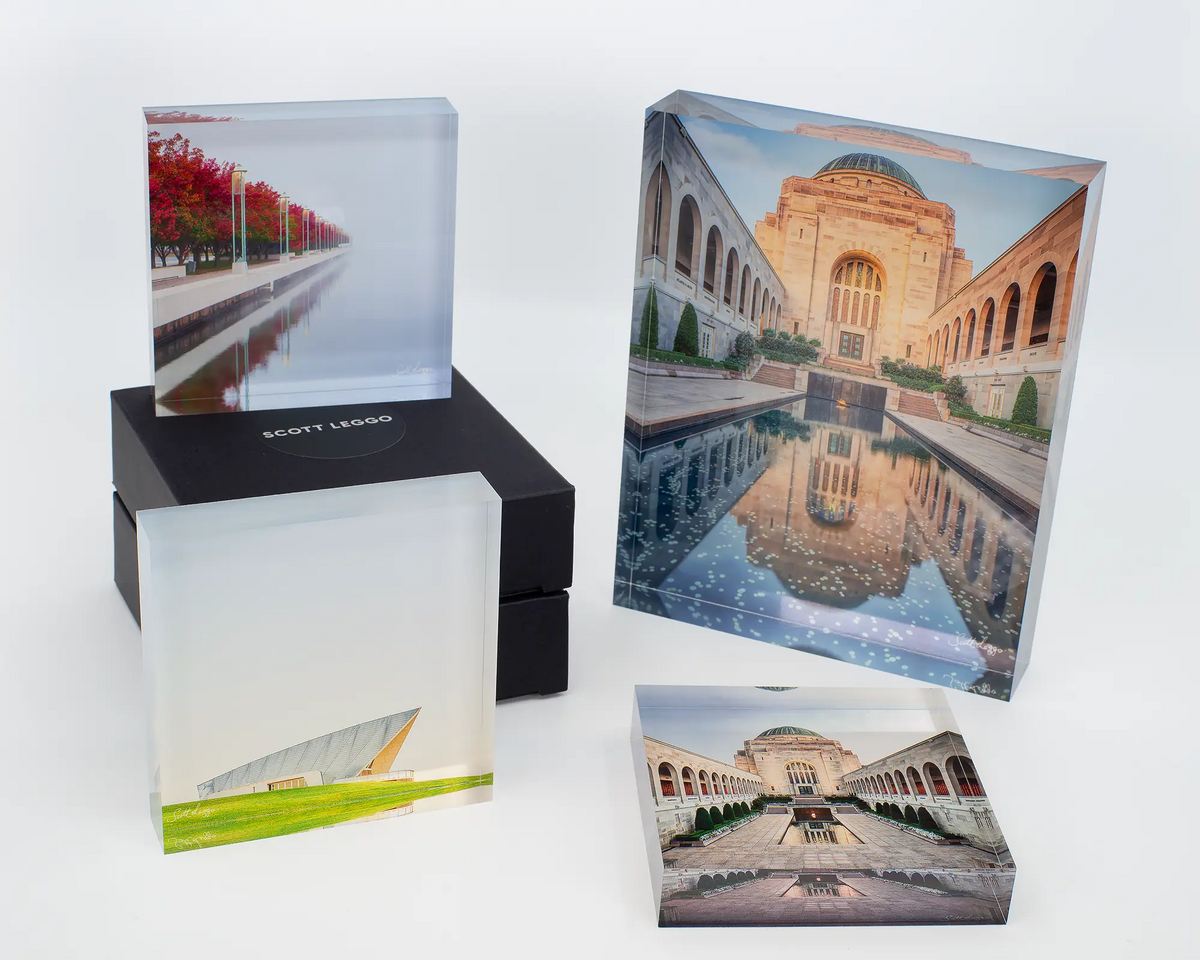 Pool of Reflection acrylic block displayed with other acrylic blocks. 