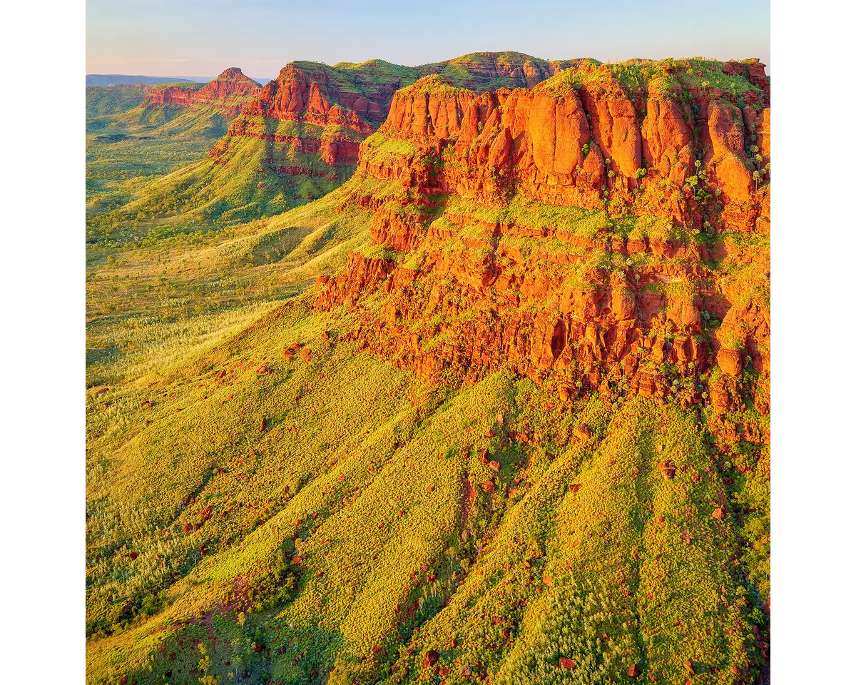 Exposed cliffs with green forest after wet season, Ragged Range, the Kimberley, WA. 