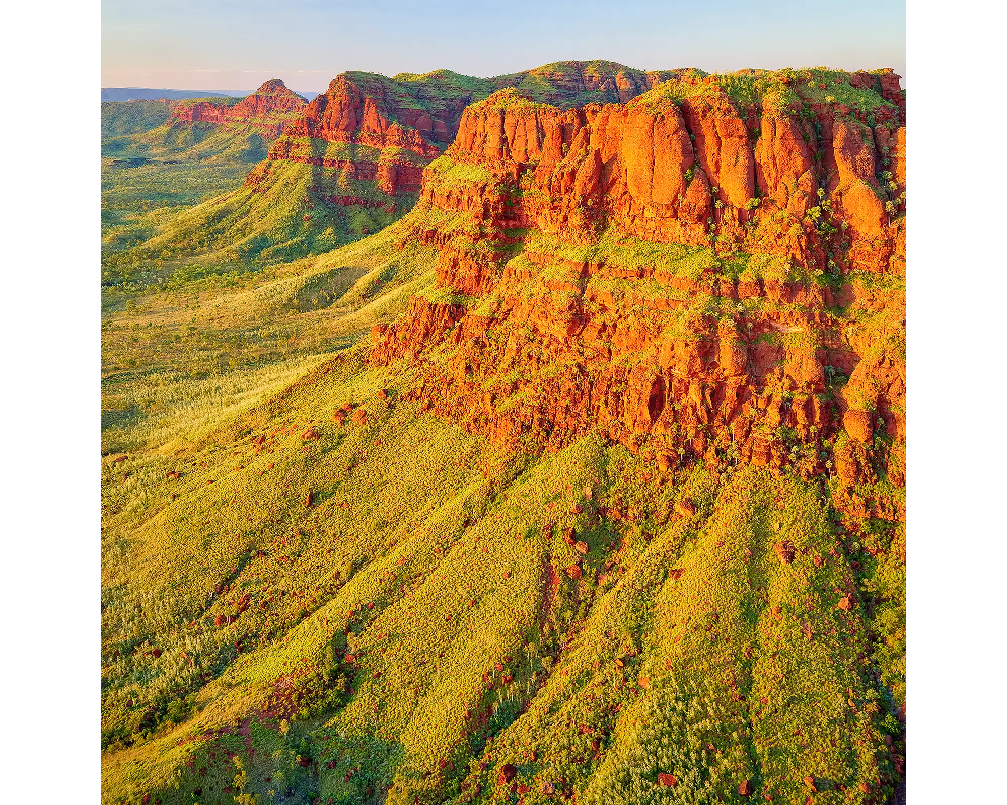 Exposed cliffs with green forest after wet season, Ragged Range, the Kimberley, WA. 