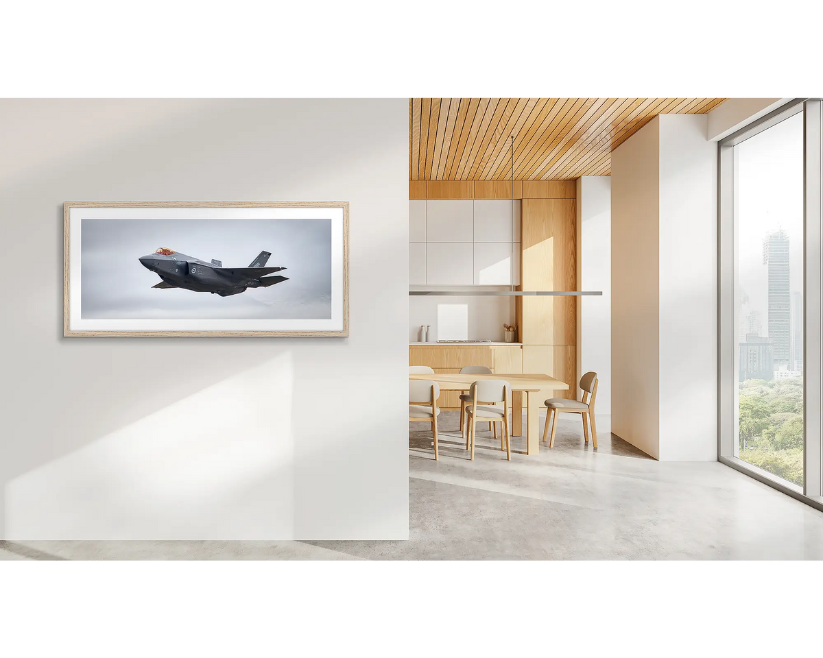 Raider. F-35 jsf aviation artwork, with a timber frame, in a CBD office. 