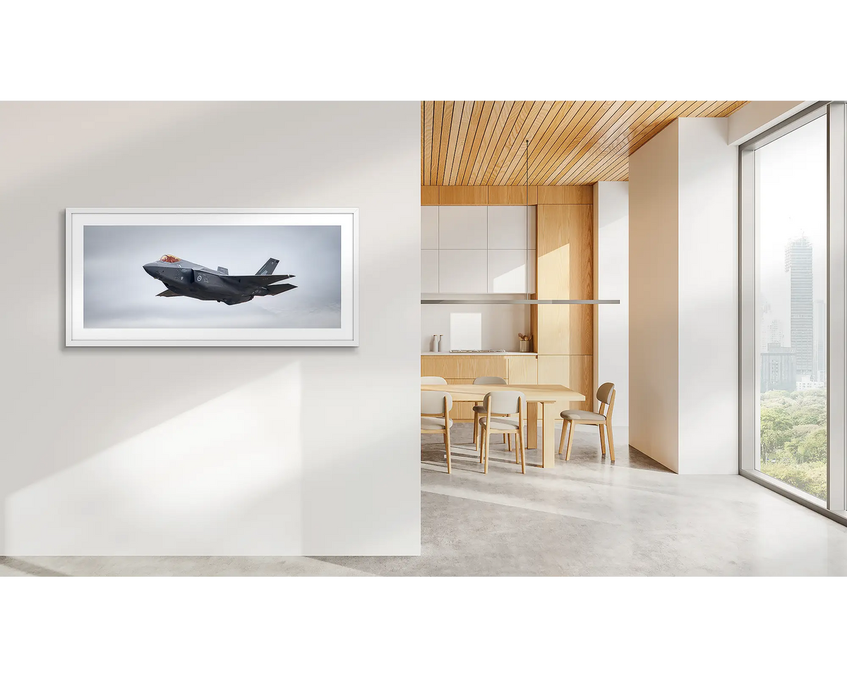 Raider. F-35 jsf aviation artwork, with a white frame, in a CBD office. 