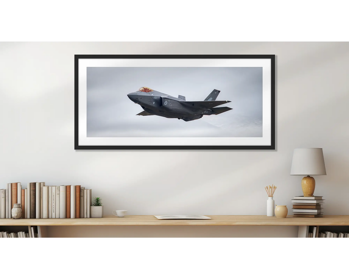 Raider. Jsf fighter aircraft, wall art print, in a black frame, in an office.