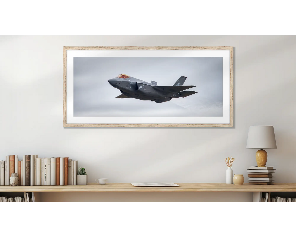 Raider. Jsf fighter aircraft, wall art print, in a Tassie oak frame, in an office.