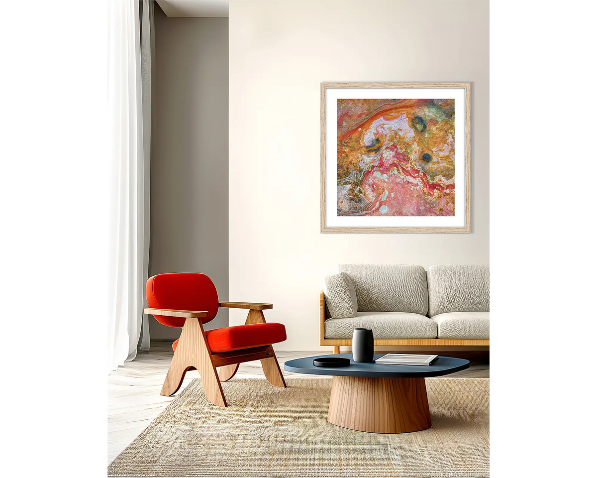 Rainbow Rock. Abstract wall art print, with a wood frame, on a lounge room wall. 