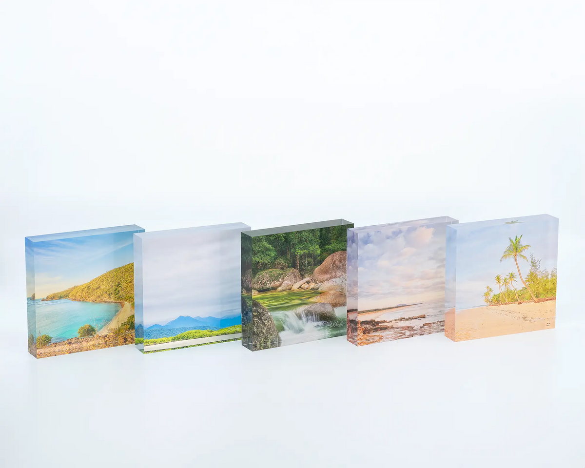 Rainforest Rocks acrylic block displayed with other waterways and coastal themed blocks. 