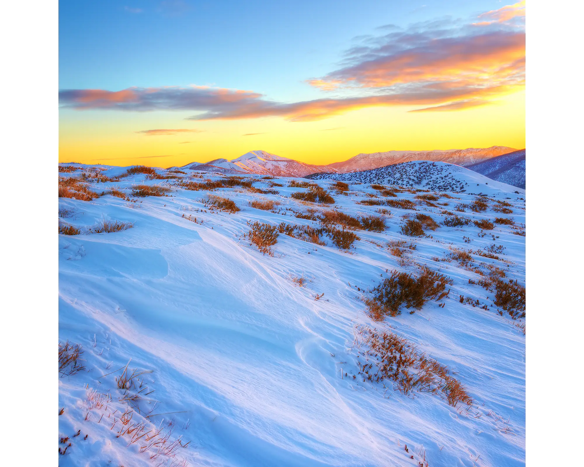 Sunrise over Razorback Ridge leading to Mount Feathertop, Alpine National Park, Victoria. 